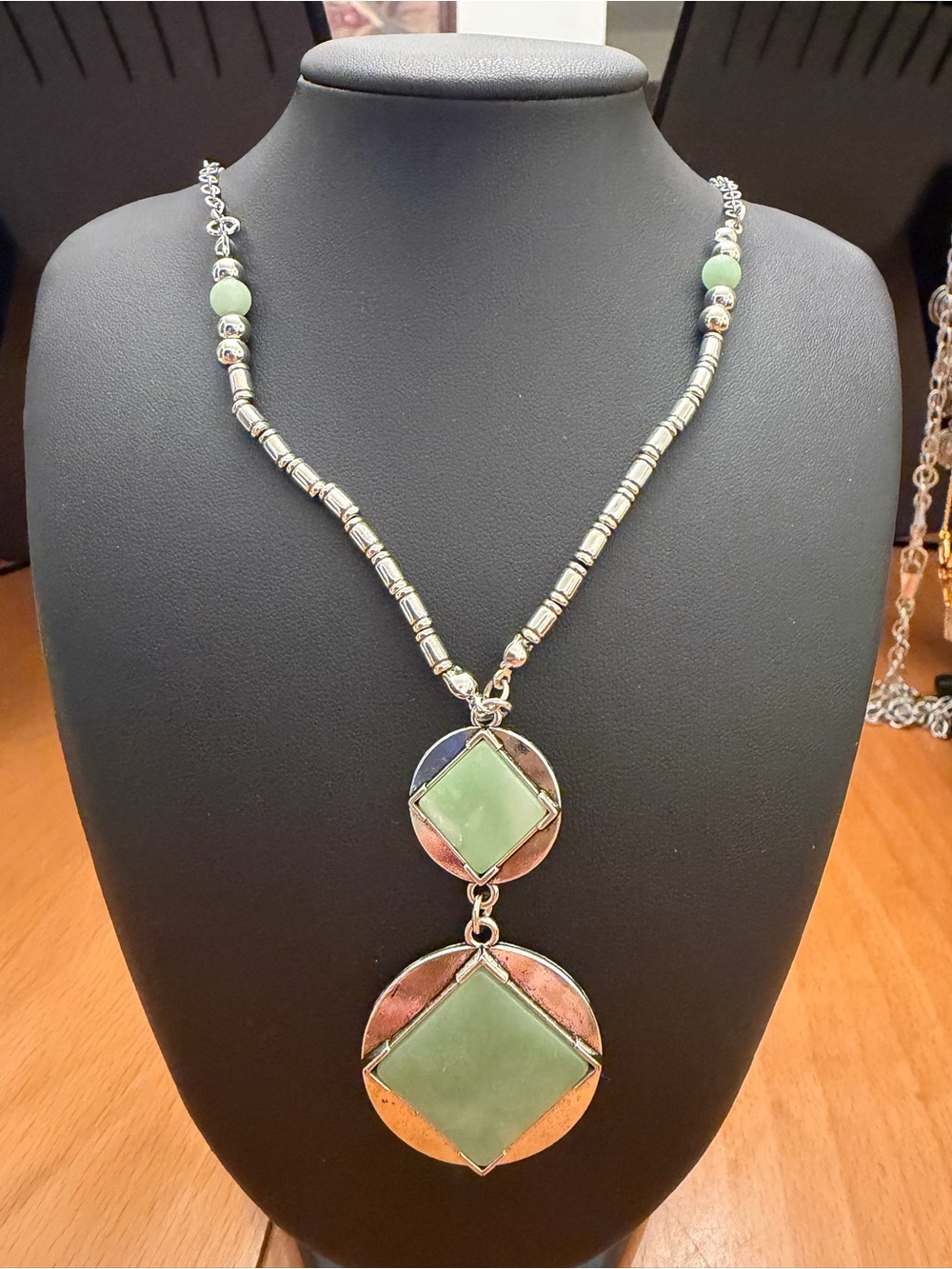 Silver-tone Necklace with Light Green Stone Pendant - Women Jewelry